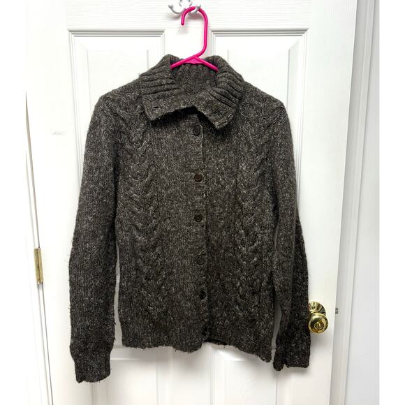 L. L. Bean Brown Wool Blend Turtleneck Cardigan Sweater, Cable Knit, Size M - Picture 1 of 4